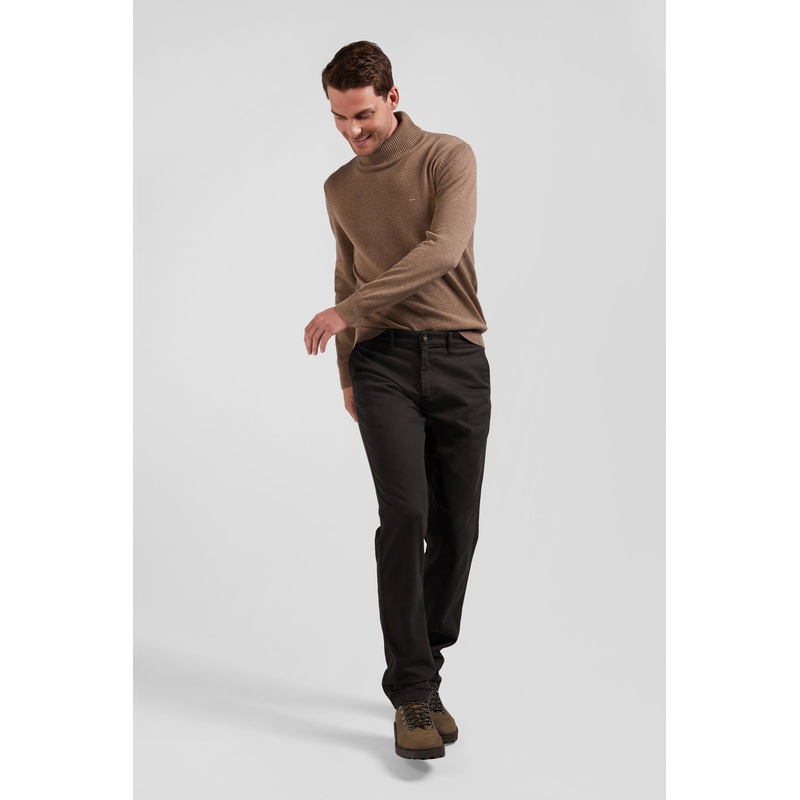 Regular Brown Stretch Cotton Piqu and Modal Chino Trousers