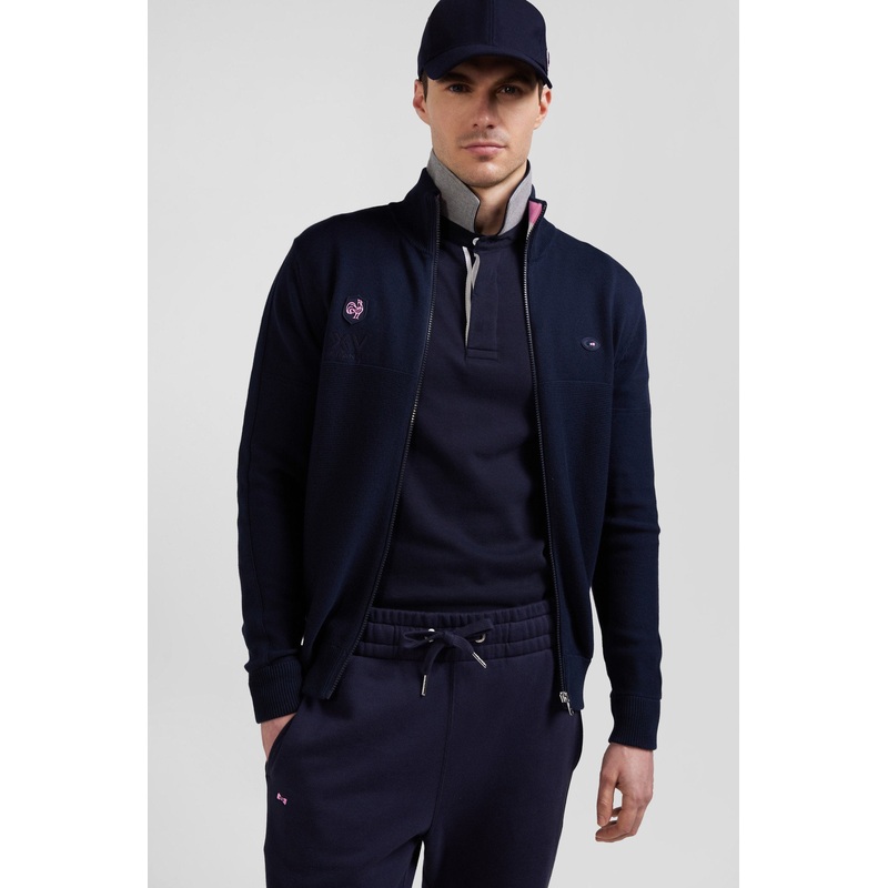 Regular Navy Blue Cotton Zipped Cardigan with XV De France Rubber Badge and Tricolour Details