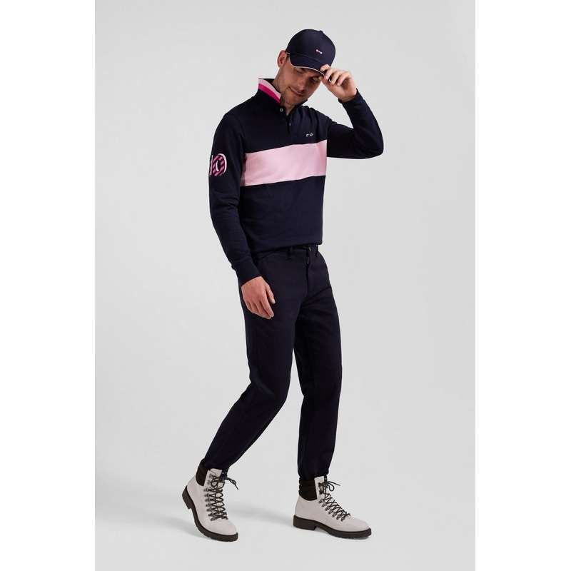 Regular Navy Blue Stretch Cotton Piqu and Modal Chino Trousers