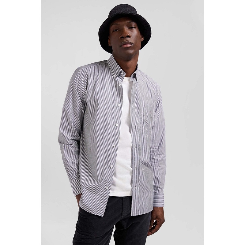 Regular Navy Blue Striped Cotton Jacquard Shirt