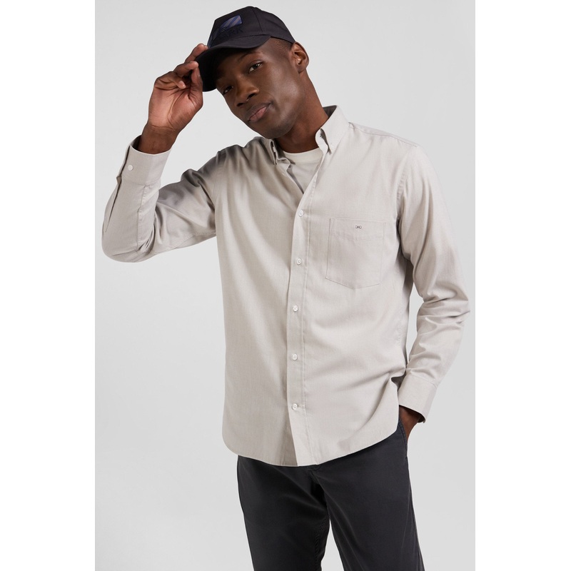 Regular Plain Grey Cotton Twill Shirt with Button-Down Collar