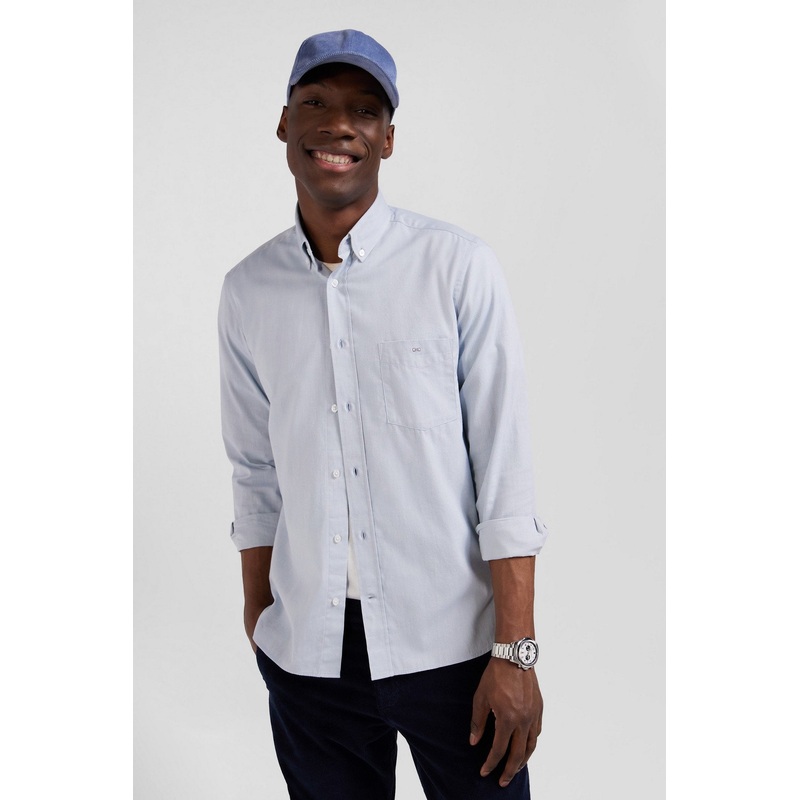 Regular Plain Sky Blue Cotton Twill Shirt with Button-Down Collar