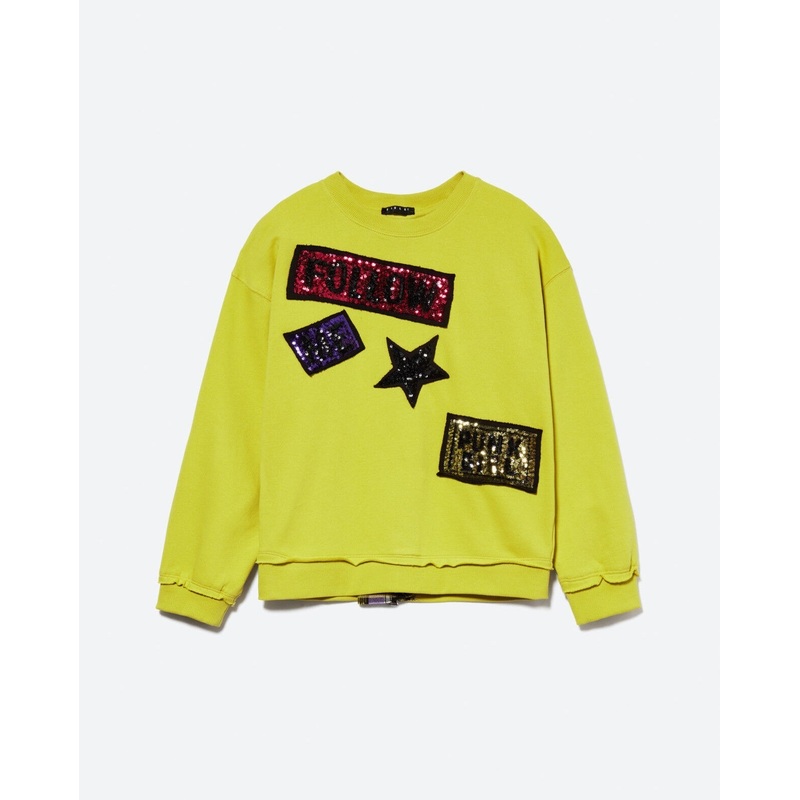 Yellow Hoodie With Sequins And Check Insert