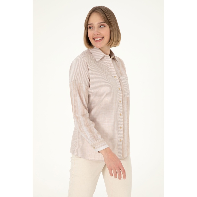 Beige Long Button Down Shirt