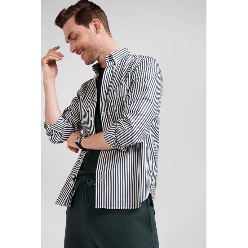 Green Striped Cotton Poplin Shirt Regular Fit