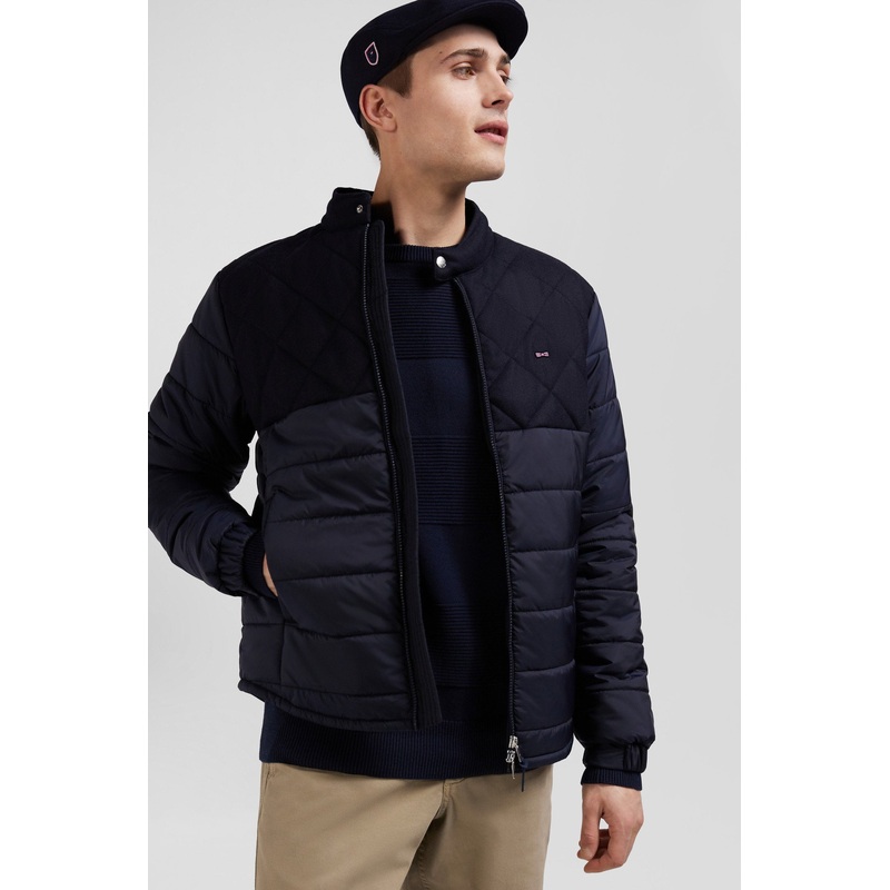 Navy Blue Long-Sleeved Double Quilted High Collar Down Jacket