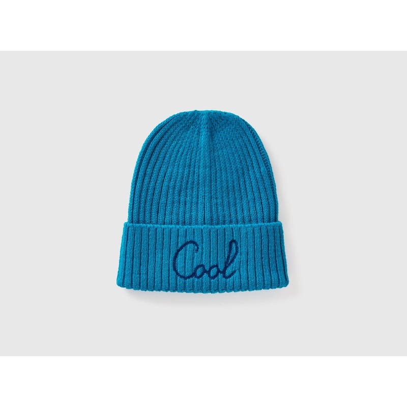 Neon Light Blue Beanie with Embroidery