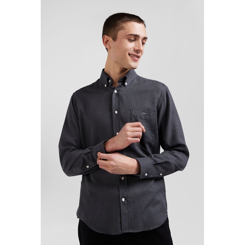 Regular Anthracite Grey Cotton and Cashmere Twill Shirt