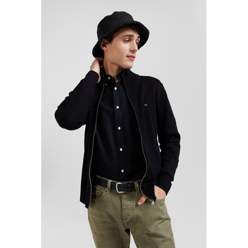 Regular Black Plain Wool and Cotton Zipped Cardigan