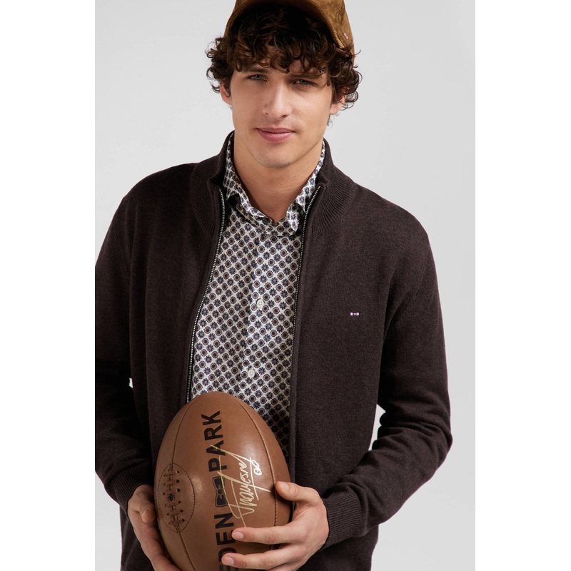 Regular Brown Plain Wool and Cotton Zipped Cardigan