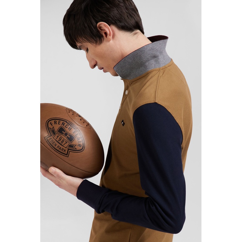 Regular Camel Bicolor Long-Sleeved Cotton Piqu Polo Shirt with Jacquard Collar