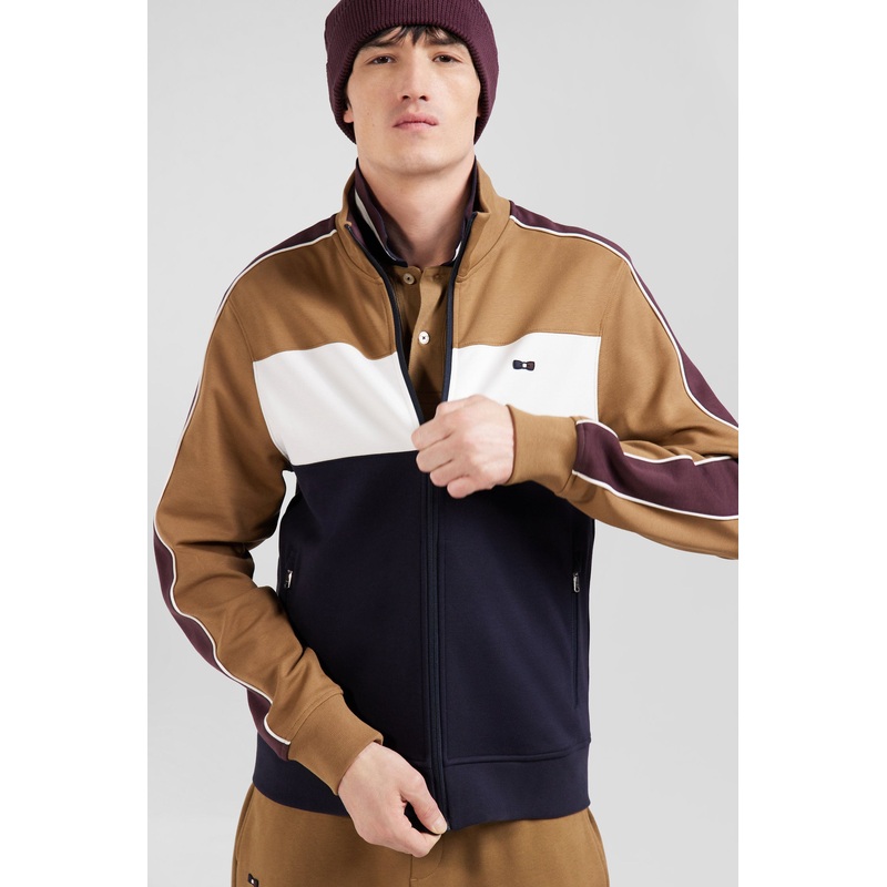 Regular Camel Colorblock Zipped Cotton Blend Sweatshirt