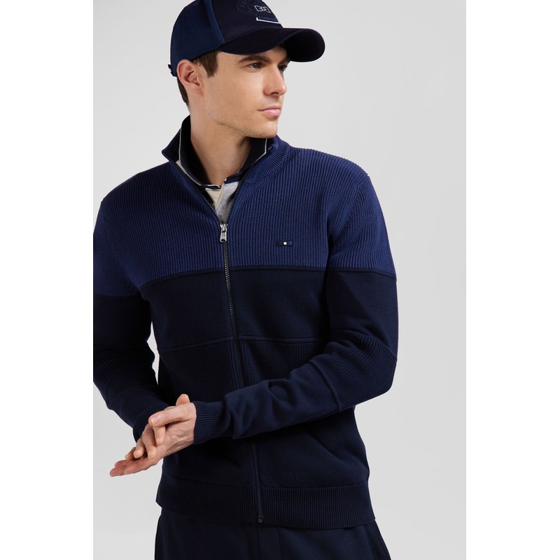 Regular Navy Blue and Blue Cotton High Collar Zipped Cardigan
