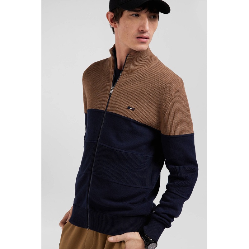 Regular Navy Blue and Camel Cotton High Collar Zipped Cardigan
