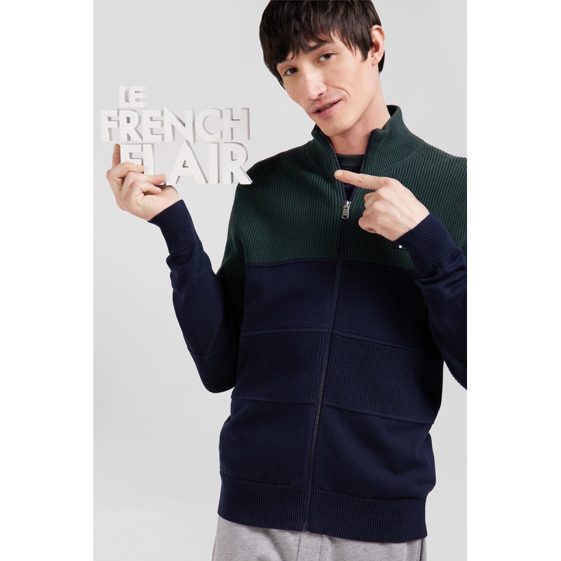 Regular Navy Blue and Green Cotton High Collar Zipped Cardigan