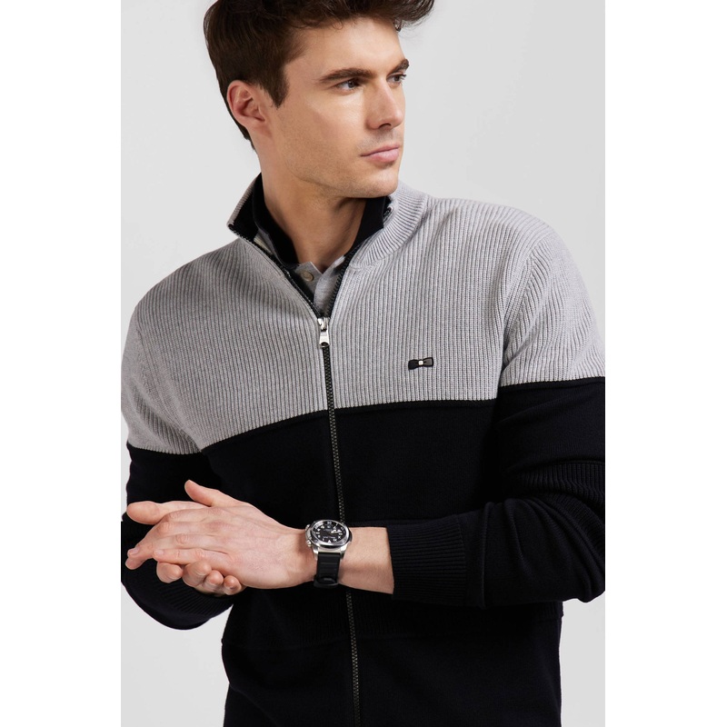 Regular Navy Blue and Grey Cotton High Collar Zipped Cardigan