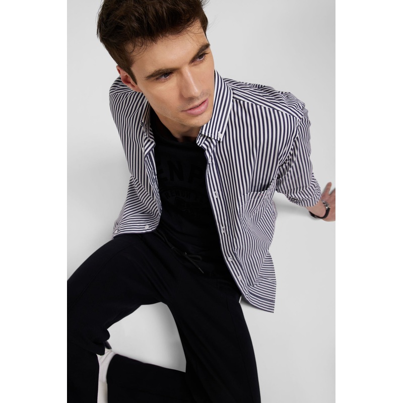 Regular Navy Blue Striped Cotton Poplin Shirt