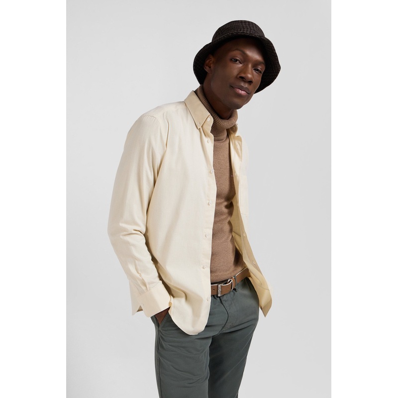Regular Plain Beige Cotton Twill Shirt with Button-Down Collar