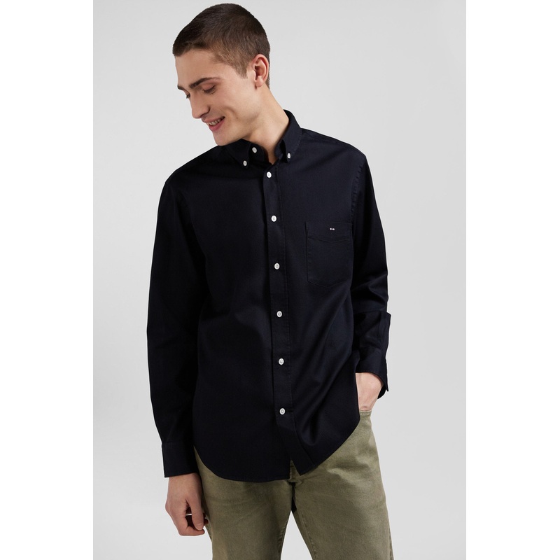 Regular Plain Black Piqu Cotton Shirt
