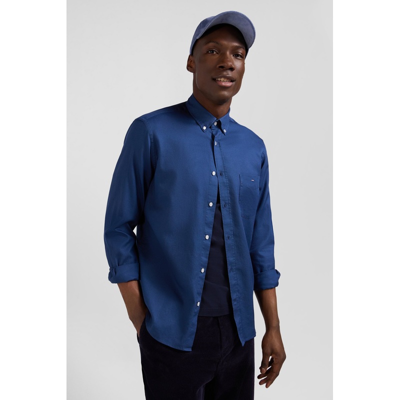 Regular Plain Blue Piqu Cotton Shirt