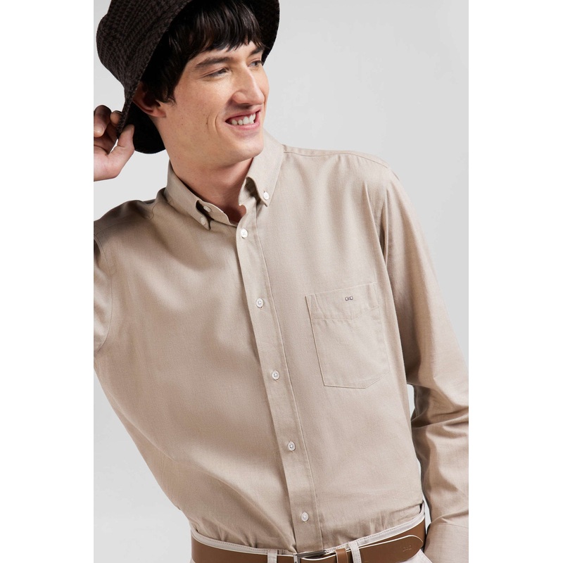 Regular Plain Brown Cotton Twill Shirt with Button-Down Collar