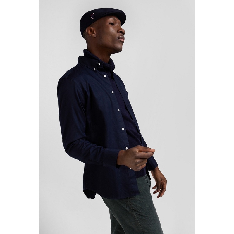 Regular Plain Navy Blue Piqu Cotton Shirt