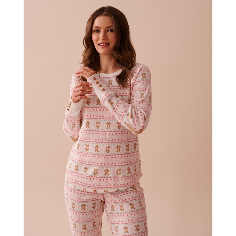 Gingerbread Print Waffle Knit Long Sleeve Shirt