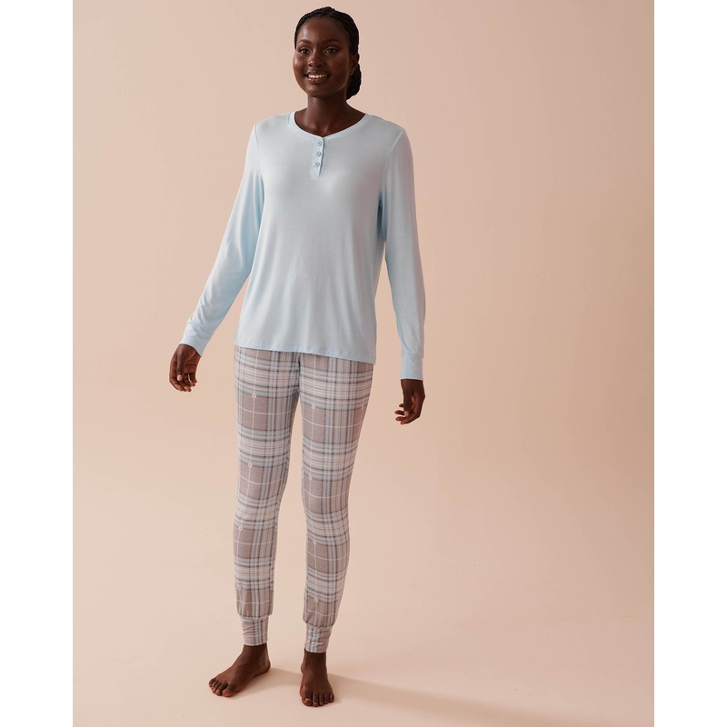 Grey & Blue Plaid Long Sleeve PJ Set