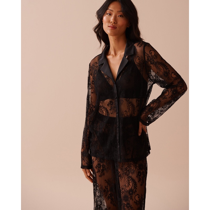 Sheer Lace Long Sleeve Button-down Shirt