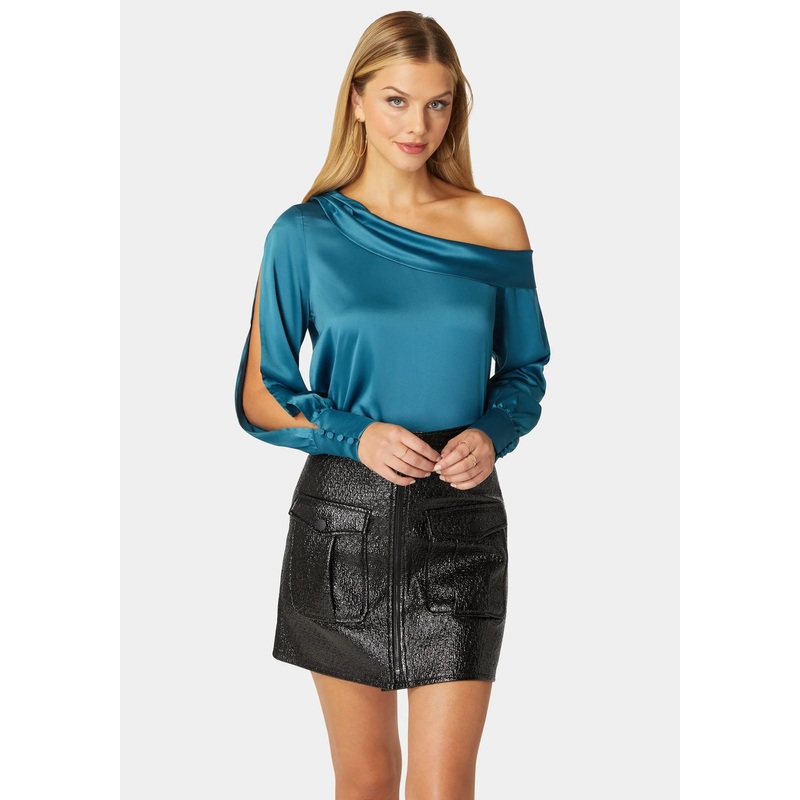 Asymmetrical Long Sleeve Slit Detail Satin Blouse