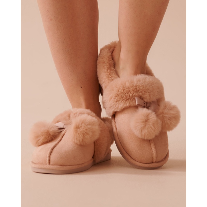 Bow & Pompom Suede Bootie Slippers