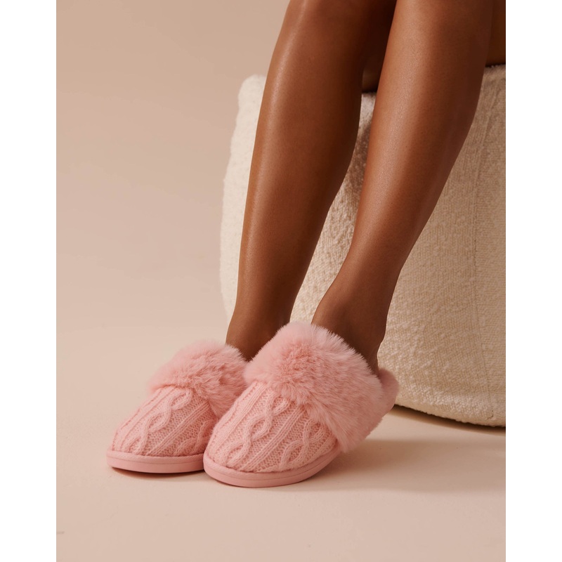 Cable Knit and Faux Fur Slippers
