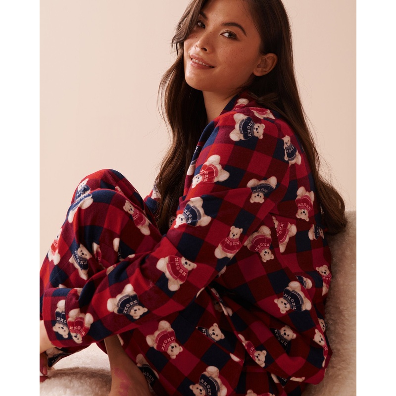 Checkered Teddy Bear Print Flannel PJ Set