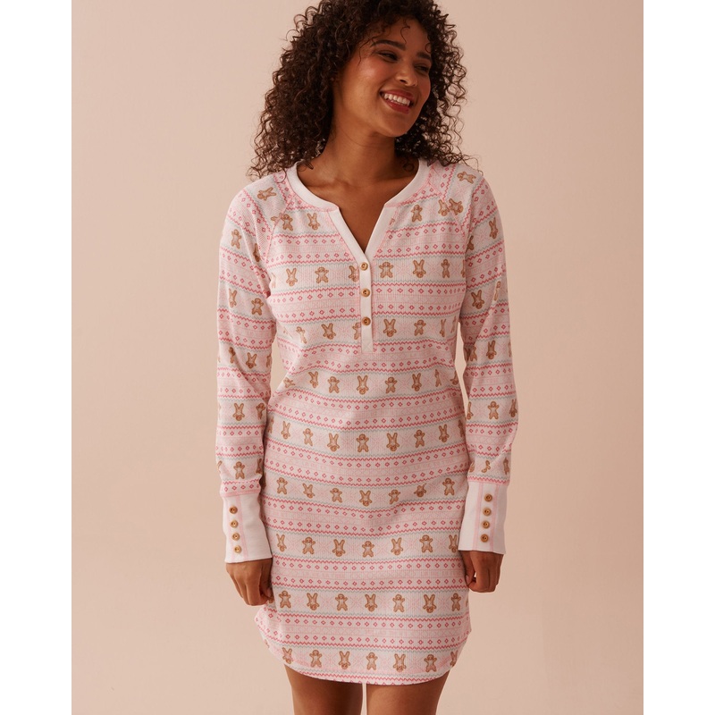 Gingerbread Print Waffle Knit Long Sleeve Sleepshi
