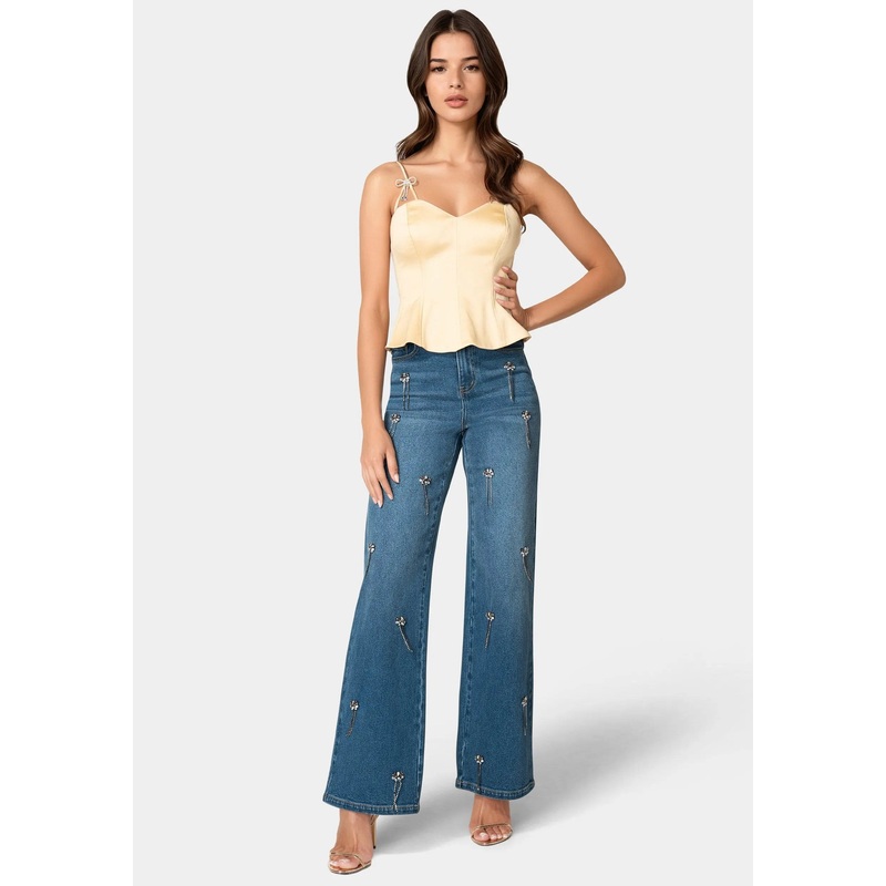High Waist Clustered Rhinestone Wide Leg Jeans