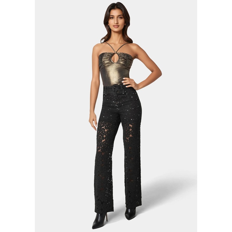 High Waist Embellished Lace Wide Leg Jeans
