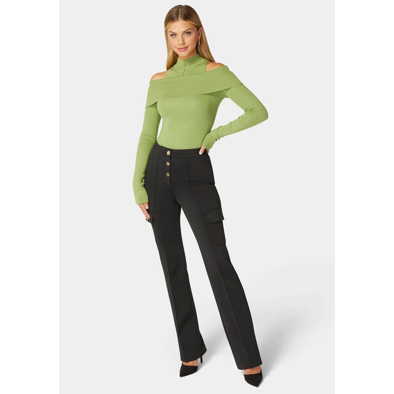 High Waist Straight Leg Patch Pocket Knit Pant