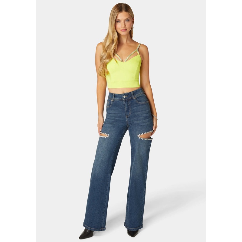 High Waist Studded Cut Out Wide Leg Jean