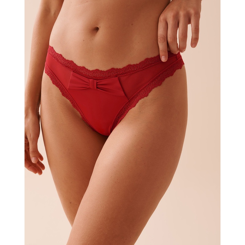 Mesh and Lace Trim Thong Panty with Bow