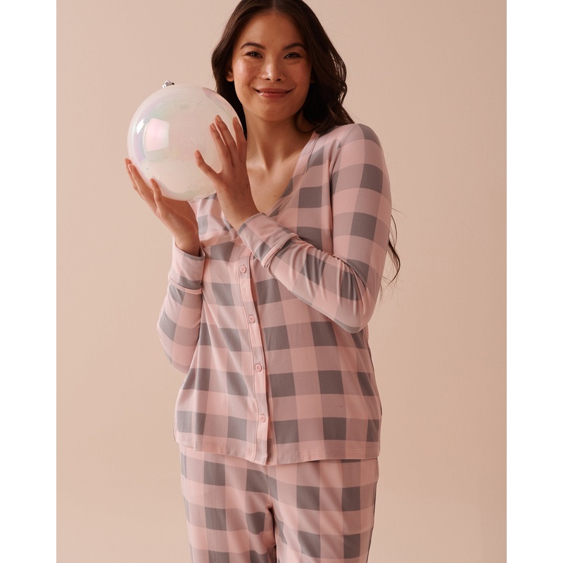 Pink Plaid Super Soft V-neck Button-front Top