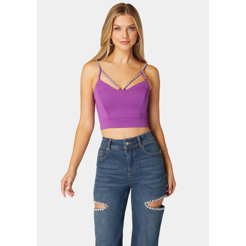 Rhinestone Trim Sleeveless Knit Top