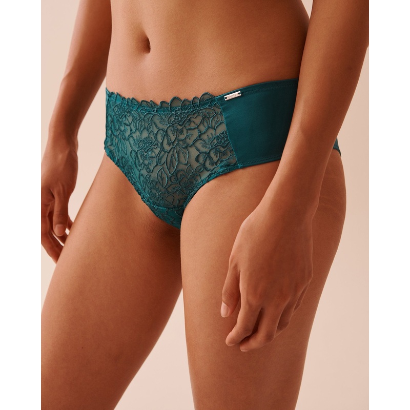 Shiny Microfiber and Embroidered Mesh Cheeky Panty