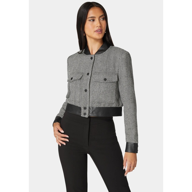 Vegan Leather Detail Novelty Chevron Jacket