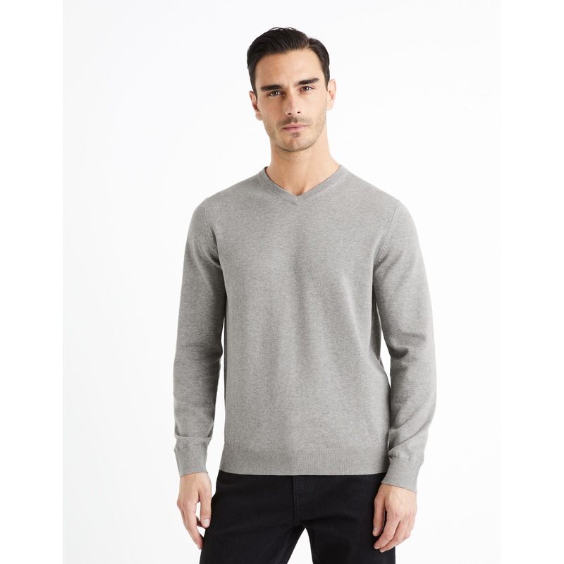 100% Cotton V-Neck Sweater - Heather Grey