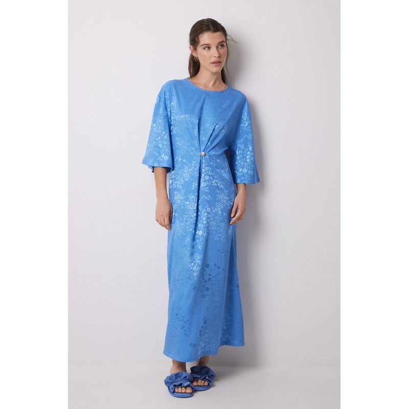 Blue Jacquard Satin Caftan Dress
