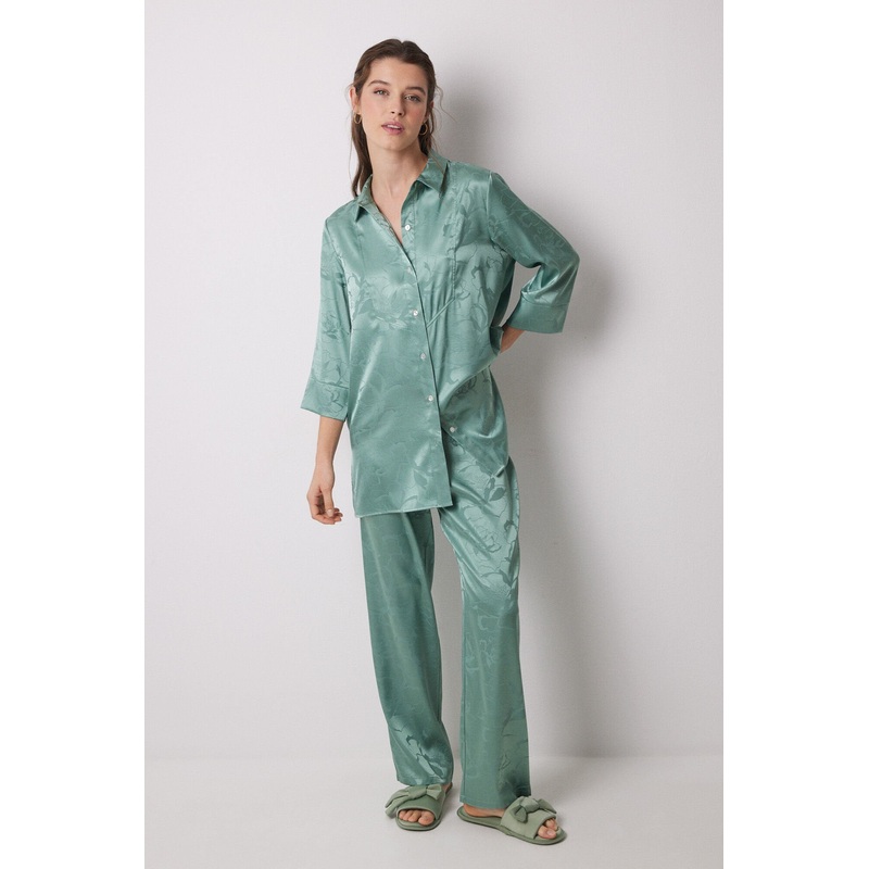 Long Green Jacquard Satin Pajama Shirt