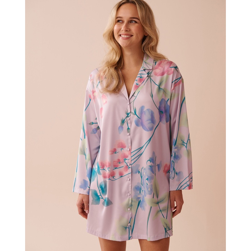 Luxury Edition Lavender Garden Print Long Sleeve Satin Sleepshirt