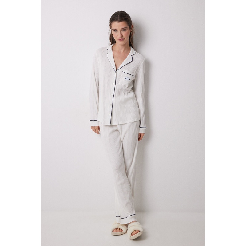 100% Cotton White Ribbed Shirt Pajamas