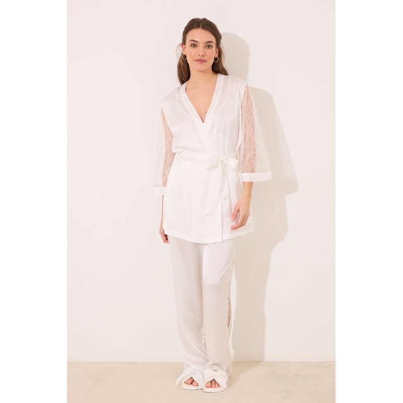 Bridal Long Pyjamas Satin and White Lace Pajama Set