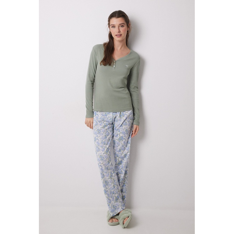 Lake Pajamas 100% Cotton Ribbed Green Flowers
